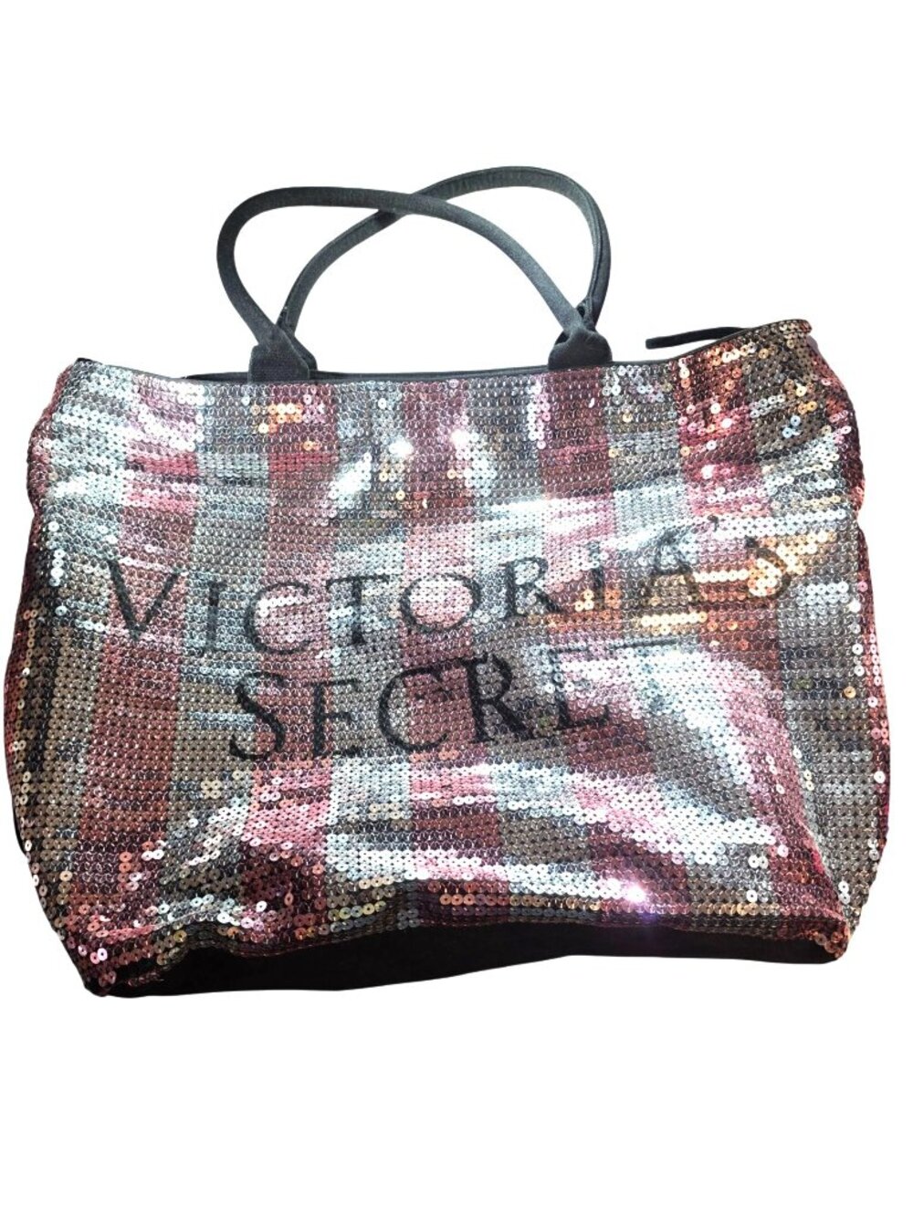 Victorias Secret Sequin Tote Bag Striped Pink White Black Purse Handbag